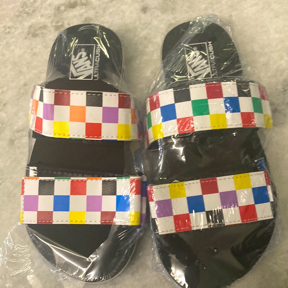 VANS ultra cushion rainbow checkered slides